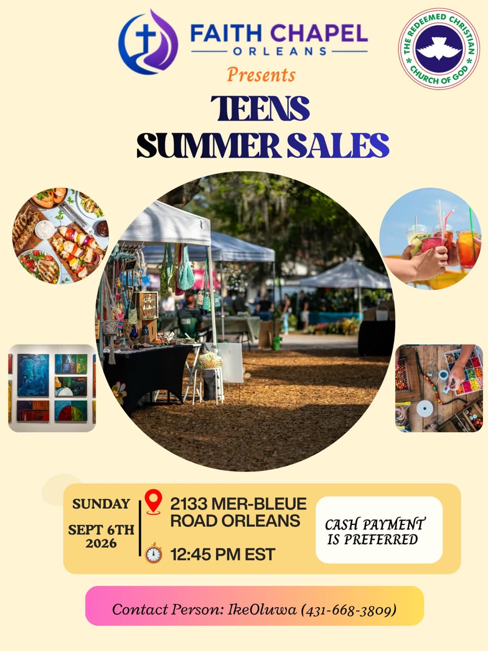 Faith Chapel Orleans flyer advertising the Teens Summer Sales on September 6, 2026, at 12:45 PM, at 2133 Mer-Bleue Road, Orléans. The event includes food, drinks, artwork, and craf